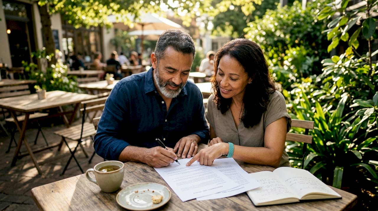 Couple reviewing joint property sale documents