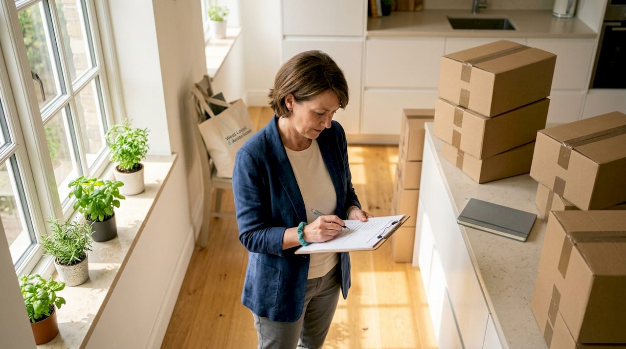 Seller reviewing checklist in home hallway